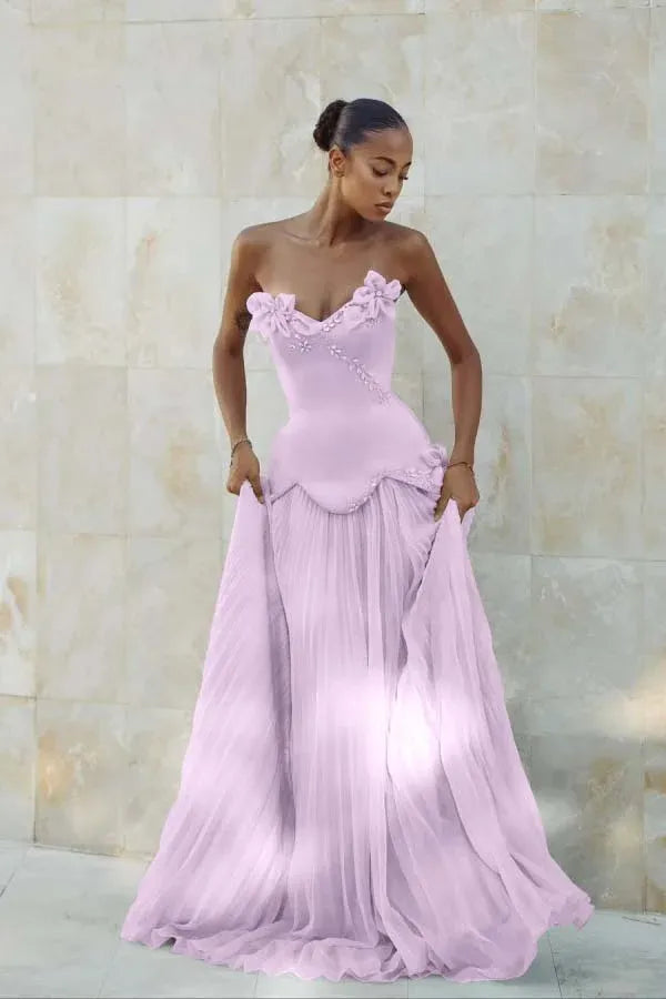 Elegant Mermaid Strapless Beaded Applique Pleated Light Blue Prom Dress