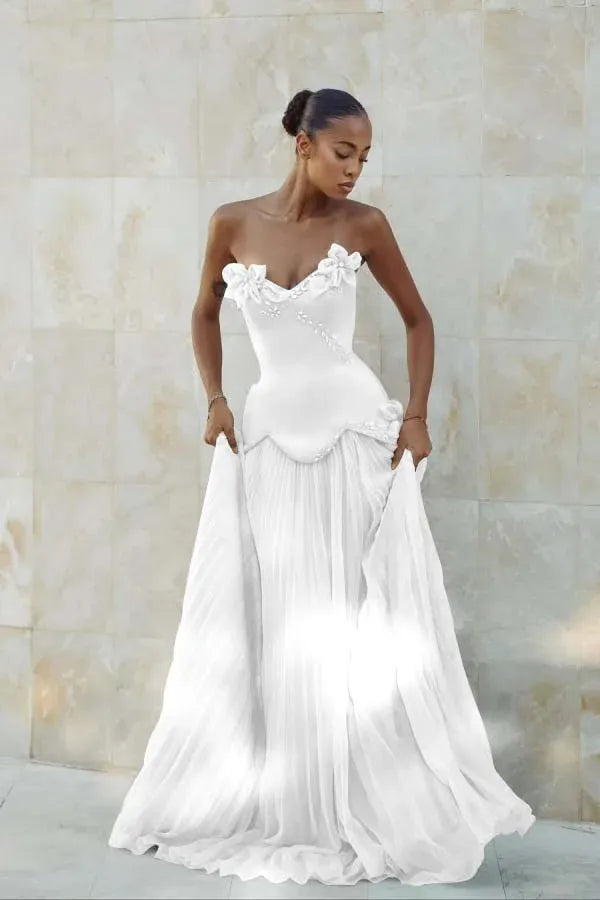 Elegant Mermaid Strapless Beaded Applique Pleated Light Blue Prom Dress