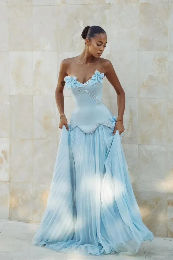 Elegant Mermaid Strapless Beaded Applique Pleated Light Blue Prom Dress