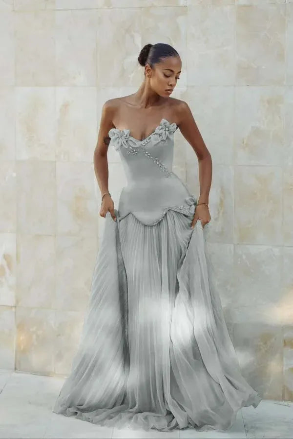 Elegant Mermaid Strapless Beaded Applique Pleated Light Blue Prom Dress