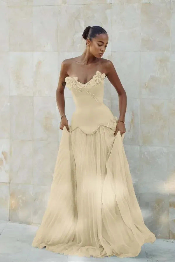 Elegant Mermaid Strapless Beaded Applique Pleated Light Blue Prom Dress