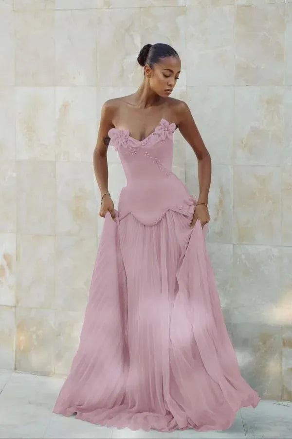 Elegant Mermaid Strapless Beaded Applique Pleated Light Blue Prom Dress