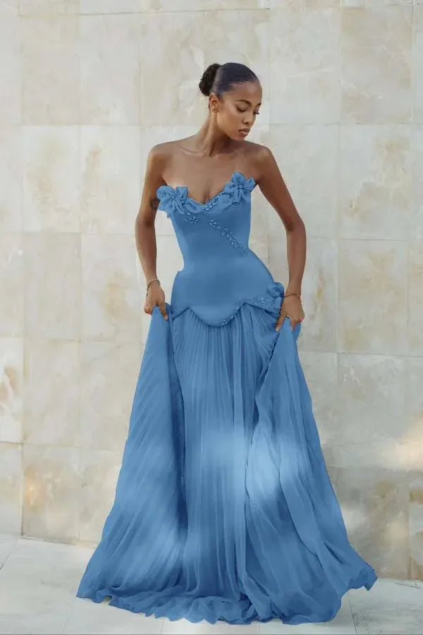 Elegant Mermaid Strapless Beaded Applique Pleated Light Blue Prom Dress
