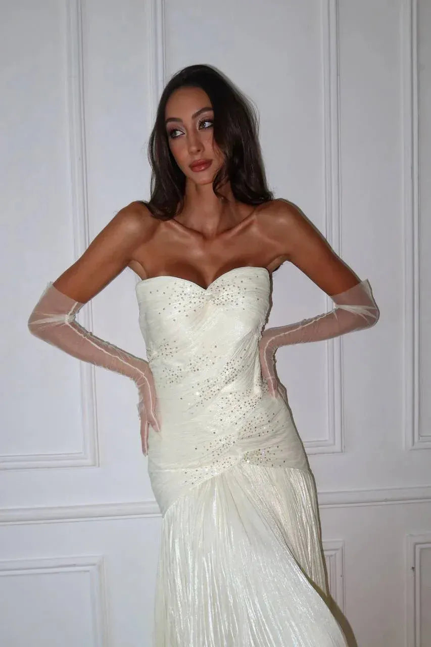 Elegant Mermaid Strapless Beaded Pleated Ivory Long Prom Dress Hot Sale