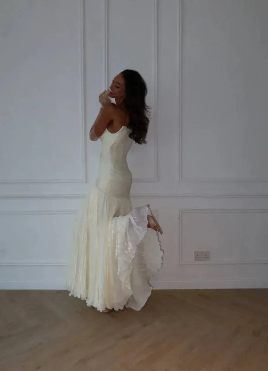 Elegant Mermaid Strapless Beaded Pleated Ivory Long Prom Dress Hot Sale