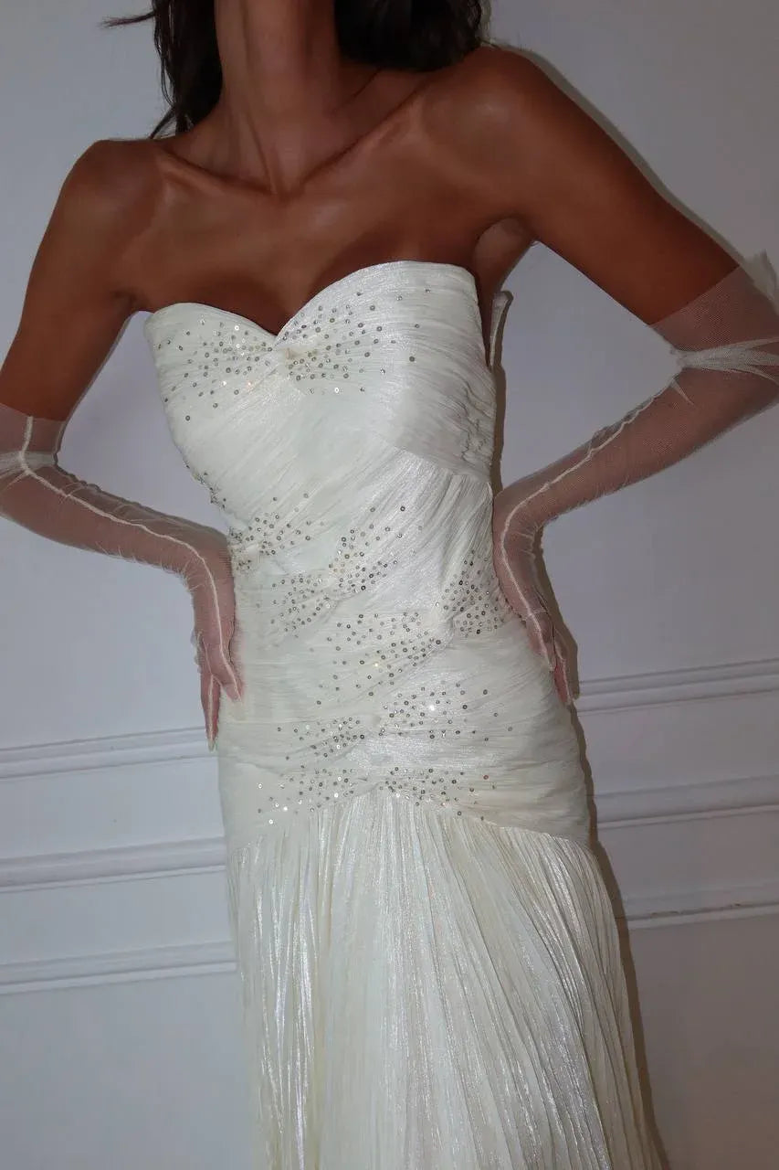 Elegant Mermaid Strapless Beaded Pleated Ivory Long Prom Dress Hot Sale