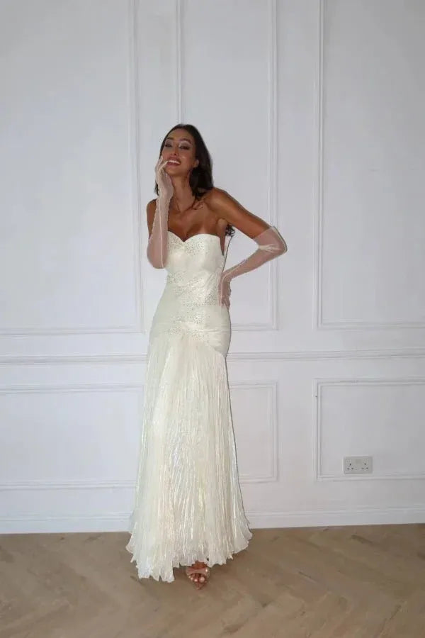 Elegant Mermaid Strapless Beaded Pleated Ivory Long Prom Dress Hot Sale
