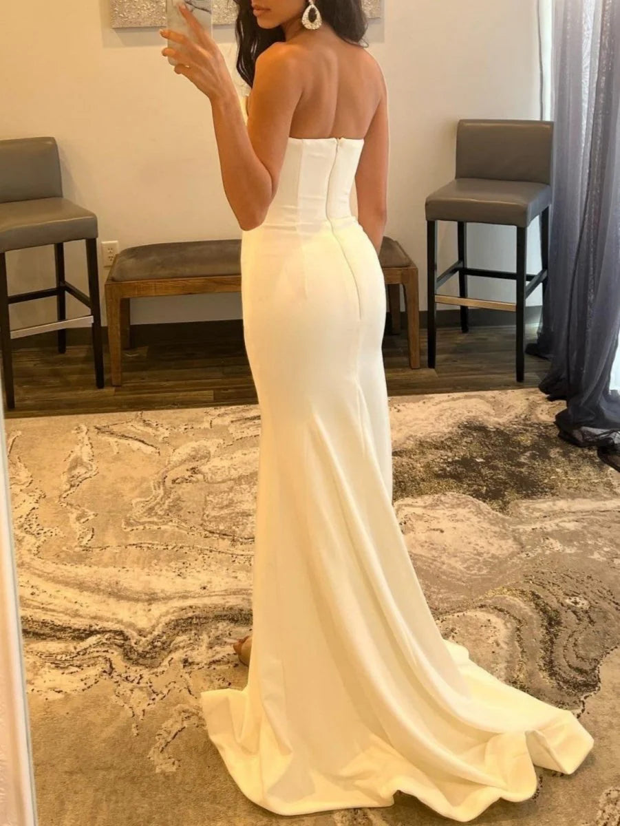 Elegant Mermaid Strapless Beaded Satin White Long Evening Dress With Slit