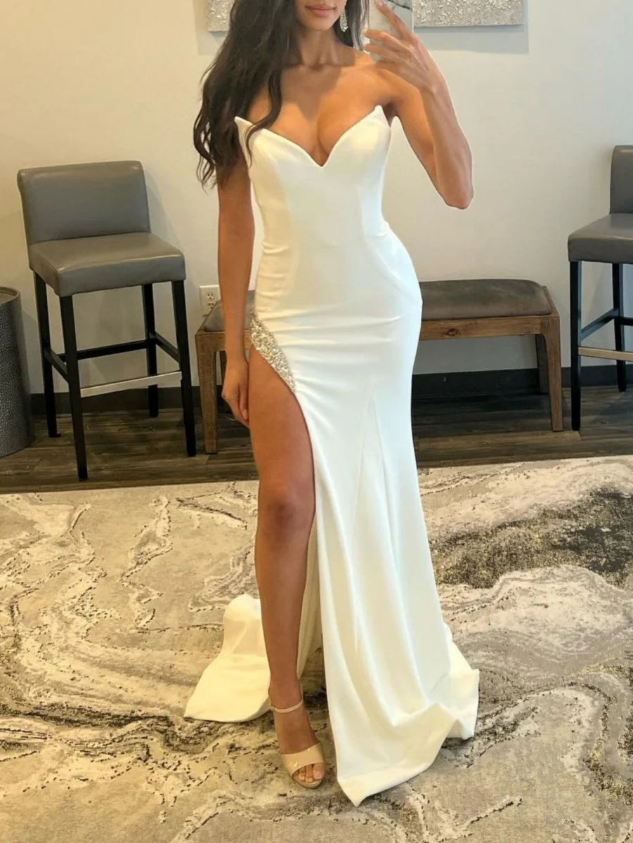 Elegant Mermaid Strapless Beaded Satin White Long Evening Dress With Slit