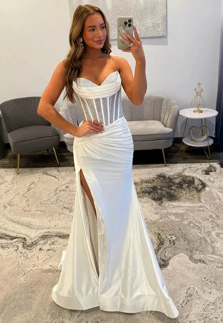 Elegant Mermaid Strapless Corset Sequin Satin Ivory Long Prom Dress With Slit
