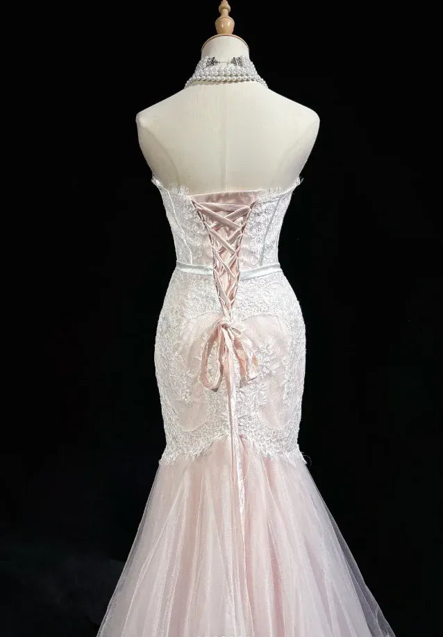 Elegant Mermaid Strapless Floral Lace Prom Dress Blush Train Wedding Dress