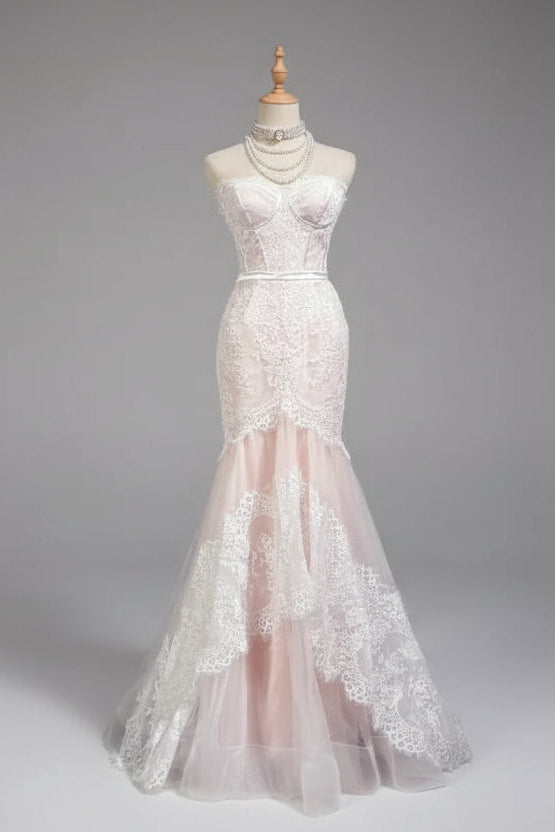 Elegant Mermaid Strapless Floral Lace Prom Dress Blush Train Wedding Dress