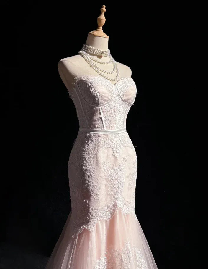 Elegant Mermaid Strapless Floral Lace Prom Dress Blush Train Wedding Dress