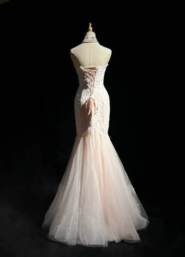 Elegant Mermaid Strapless Floral Lace Prom Dress Blush Train Wedding Dress