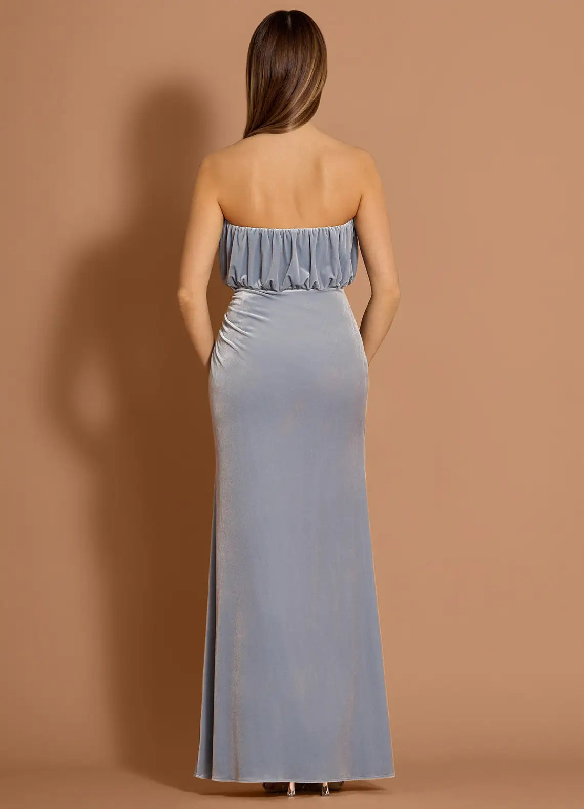 Elegant Mermaid Strapless Pleated Velvet Blue Maxi Evening Dress With Slit