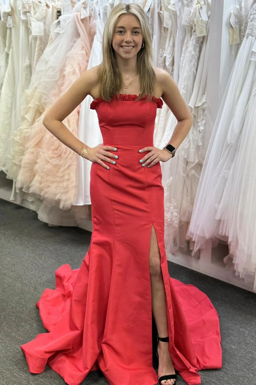 Elegant Mermaid Strapless Ruffle Satin Magenta Long Evening Dress With Slit