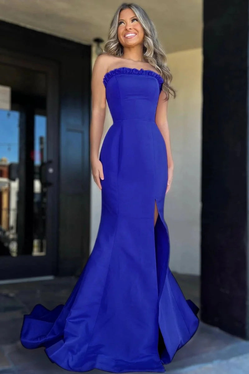Elegant Mermaid Strapless Ruffle Satin Magenta Long Evening Dress With Slit