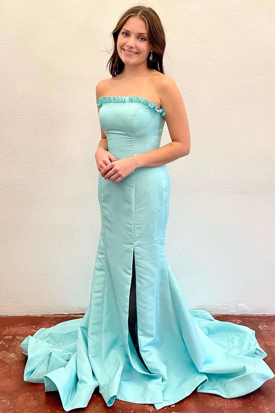 Elegant Mermaid Strapless Ruffle Satin Magenta Long Evening Dress With Slit