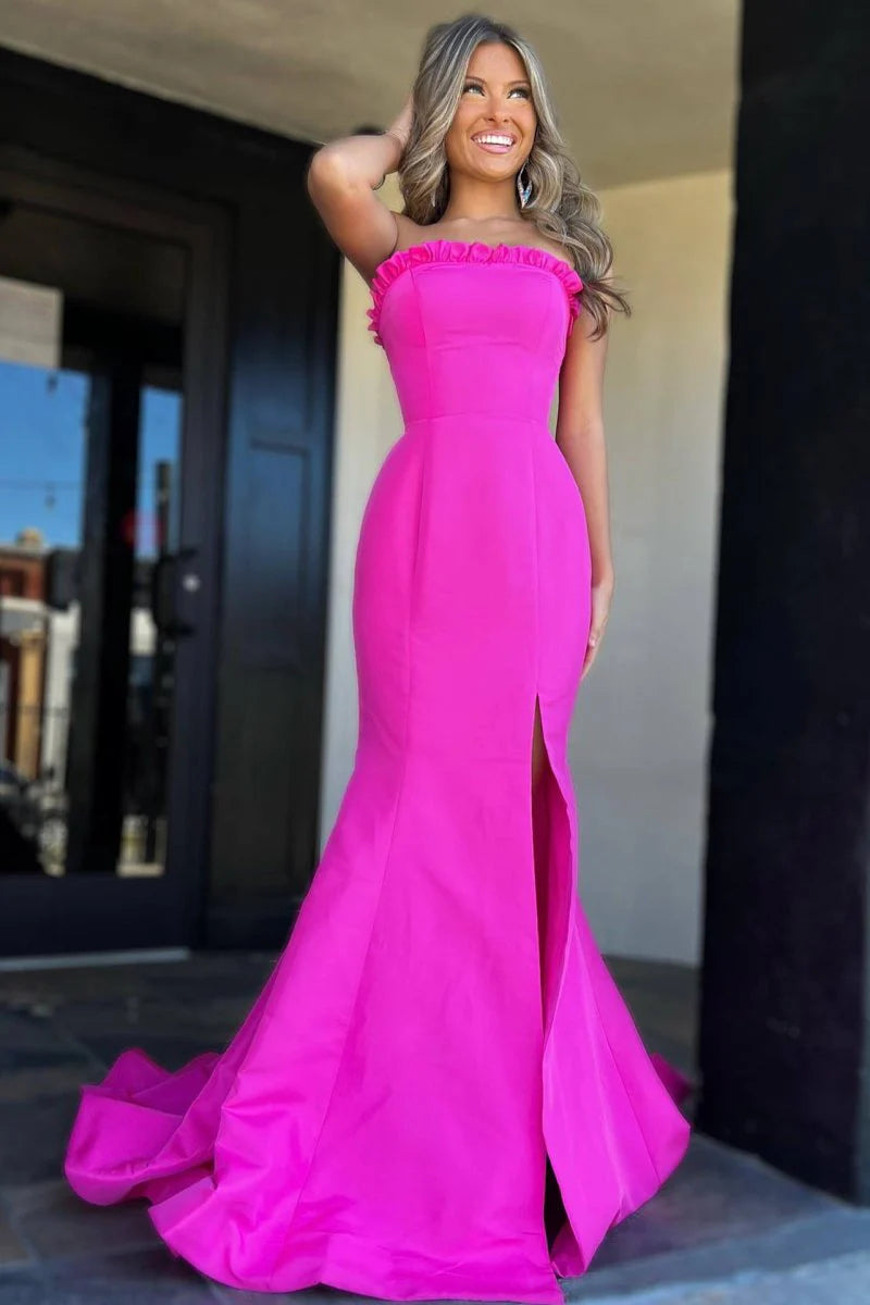 Elegant Mermaid Strapless Ruffle Satin Magenta Long Evening Dress With Slit