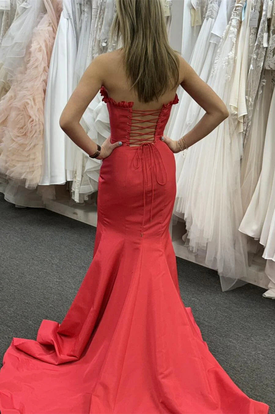 Elegant Mermaid Strapless Ruffle Satin Magenta Long Evening Dress With Slit