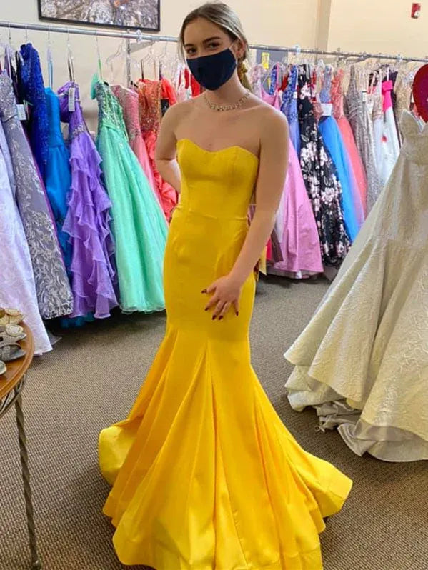 Elegant Mermaid Strapless Satin Yellow Floor Length Prom Dress Ready To Ship