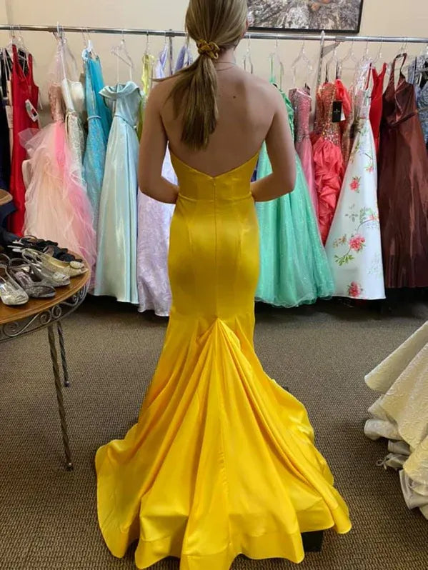 Elegant Mermaid Strapless Satin Yellow Floor Length Prom Dress Ready To Ship