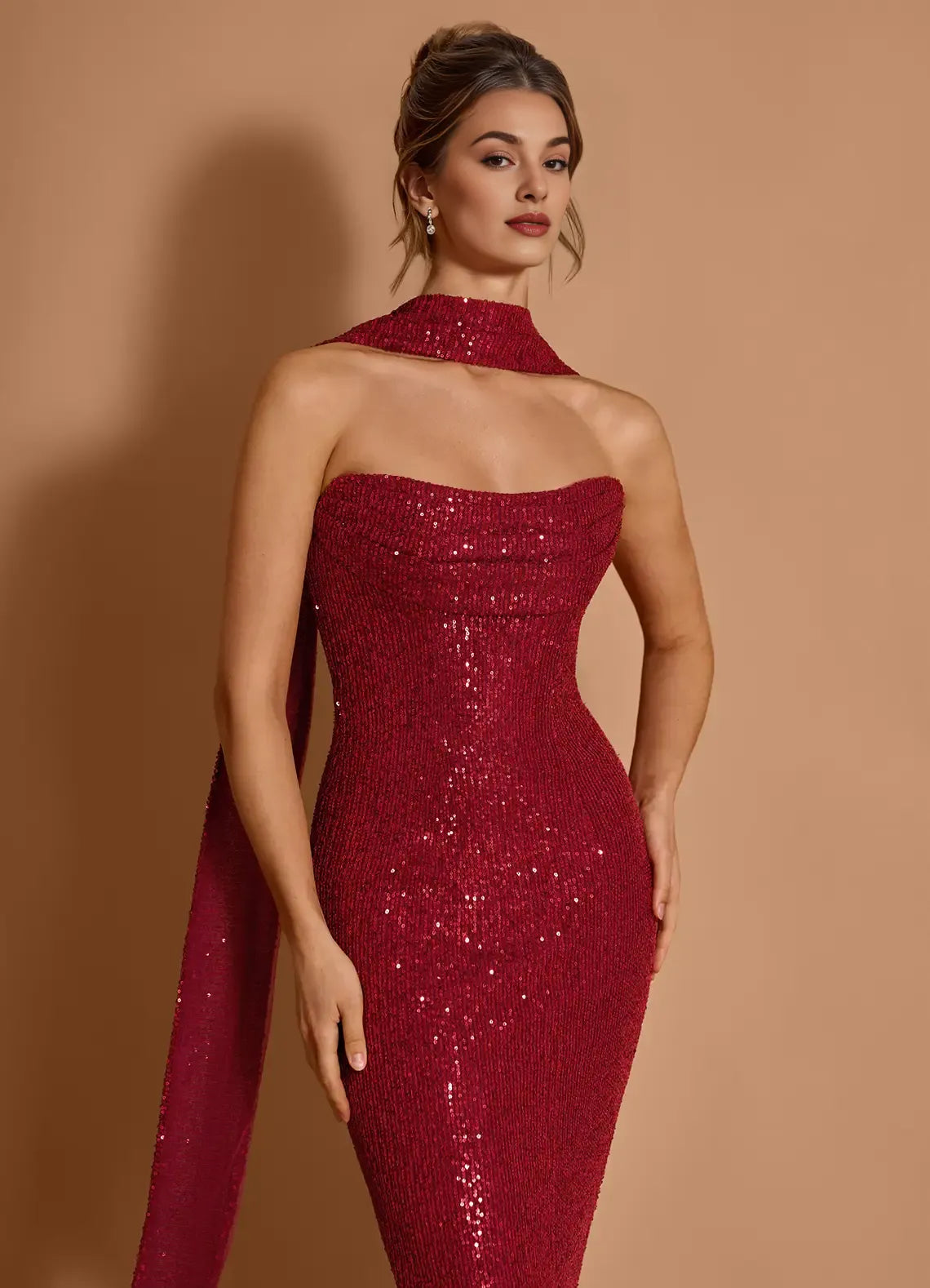 Elegant Mermaid Strapless Sequin Wine Long Evening Dress With Scarf