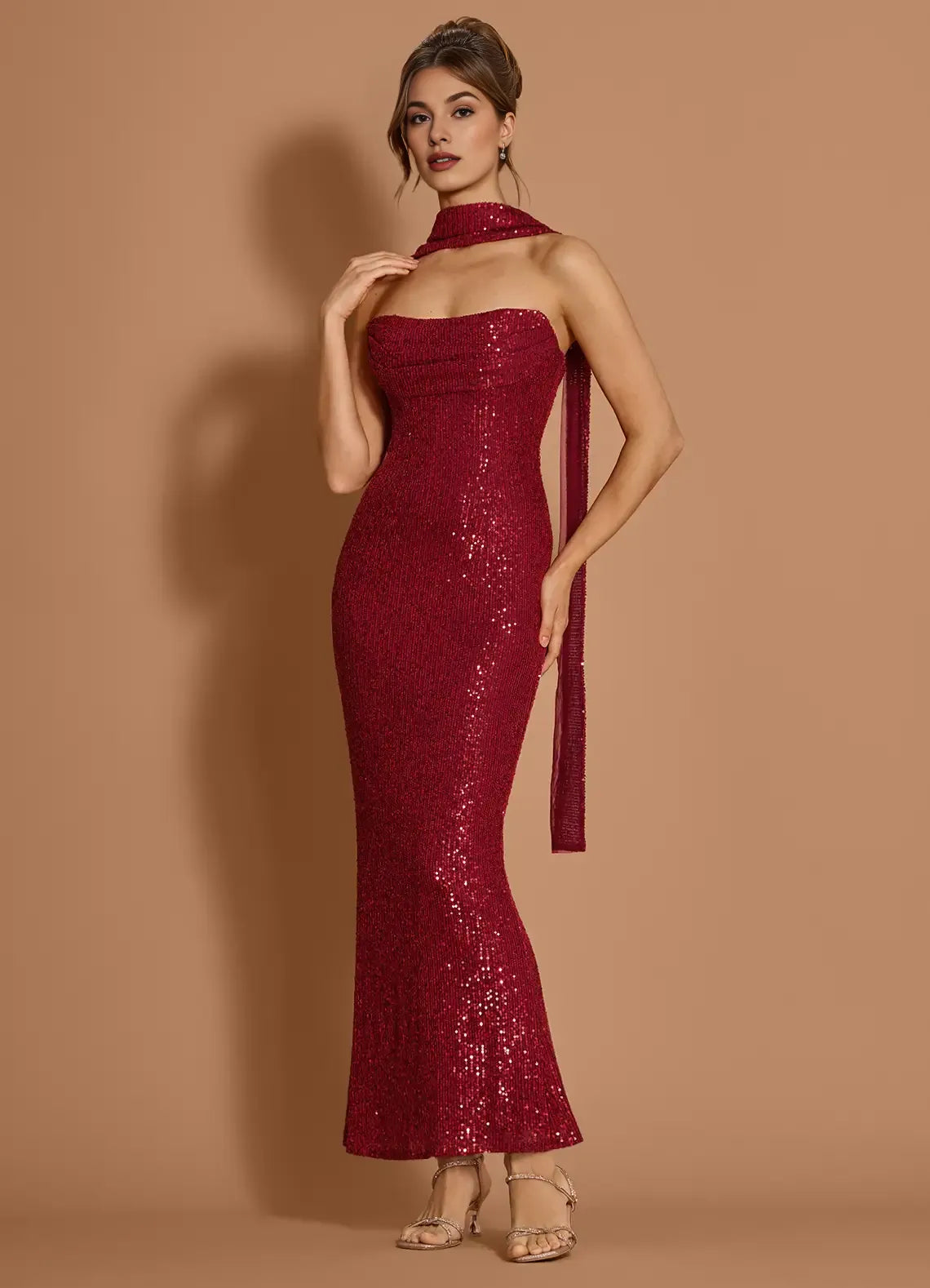 Elegant Mermaid Strapless Sequin Wine Long Evening Dress With Scarf