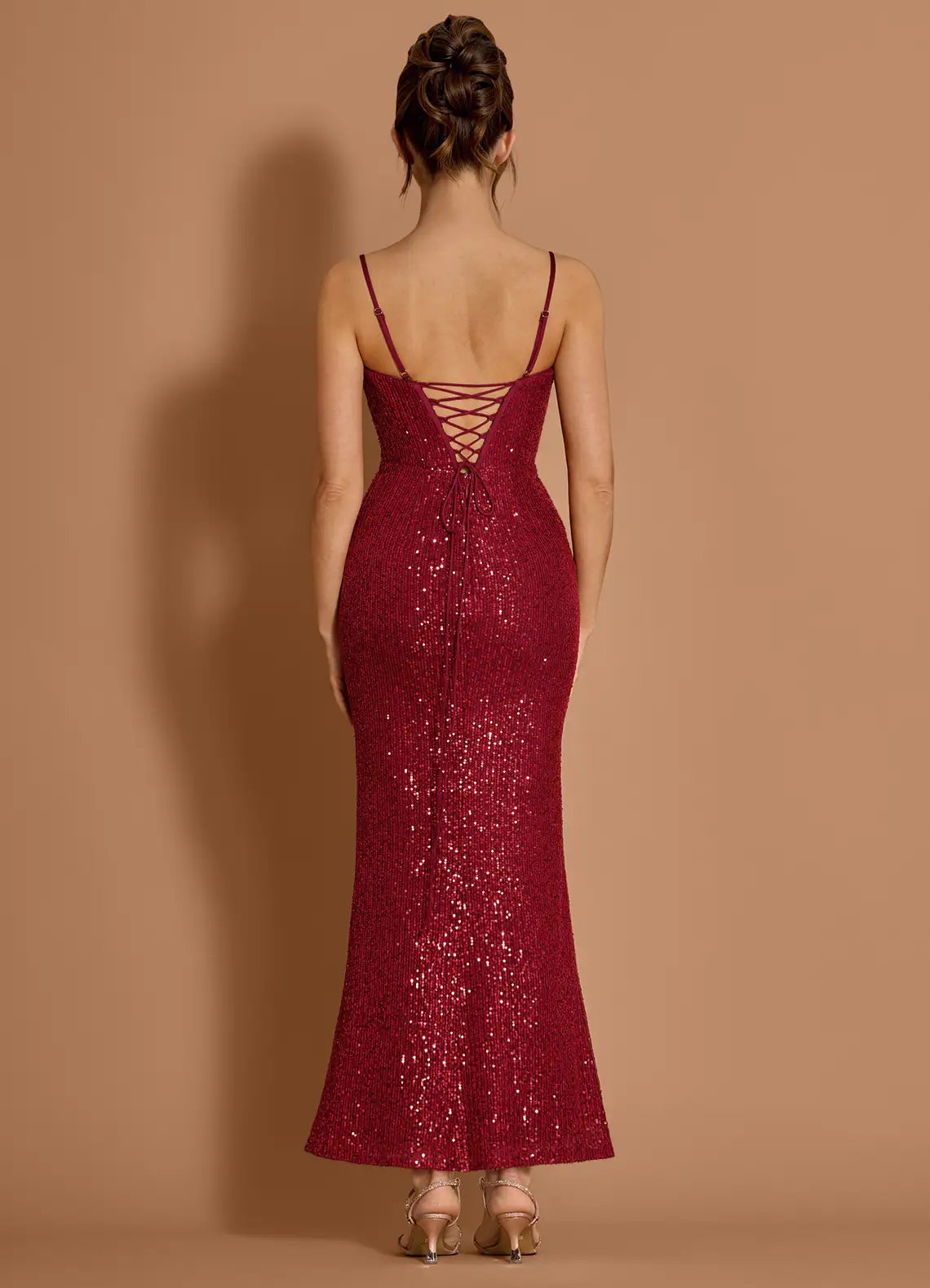 Elegant Mermaid Strapless Sequin Wine Long Evening Dress With Scarf