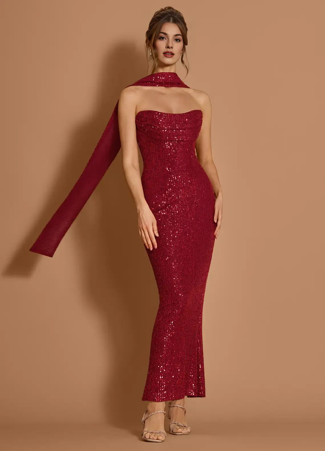Elegant Mermaid Strapless Sequin Wine Long Evening Dress With Scarf