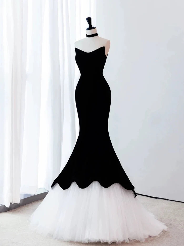 Elegant Mermaid Strapless Tulle Black Long Evening Dress Prom Dress