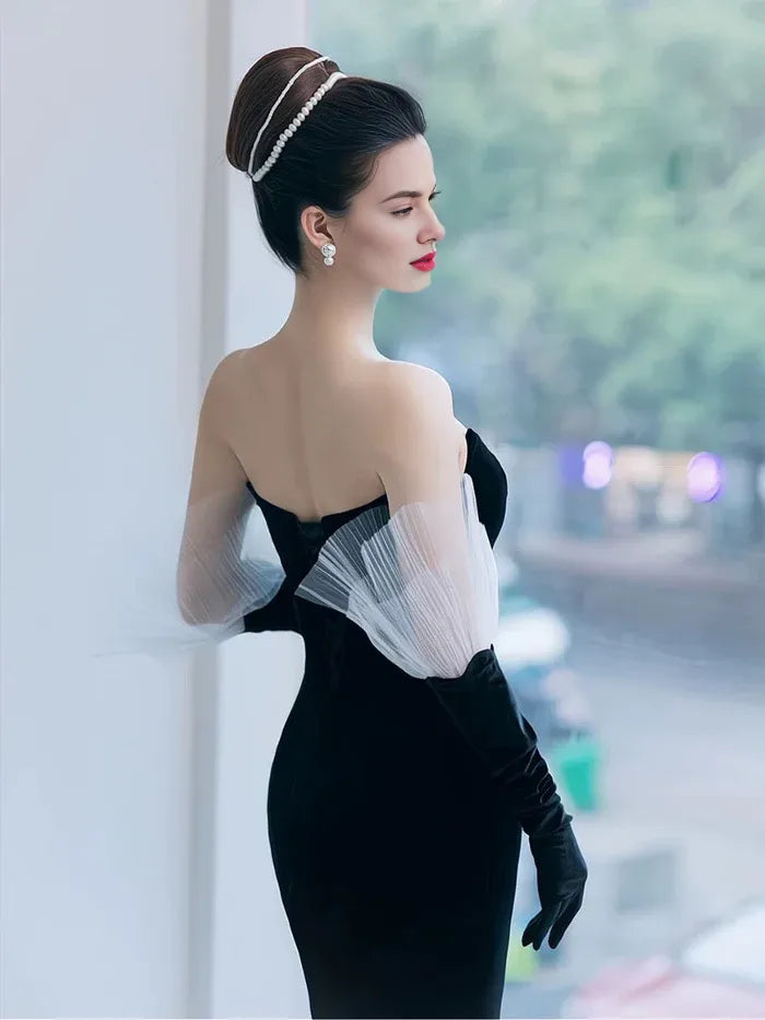 Elegant Mermaid Strapless Tulle Black Long Evening Dress Prom Dress