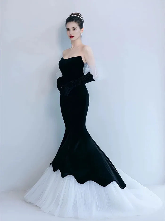 Elegant Mermaid Strapless Tulle Black Long Evening Dress Prom Dress