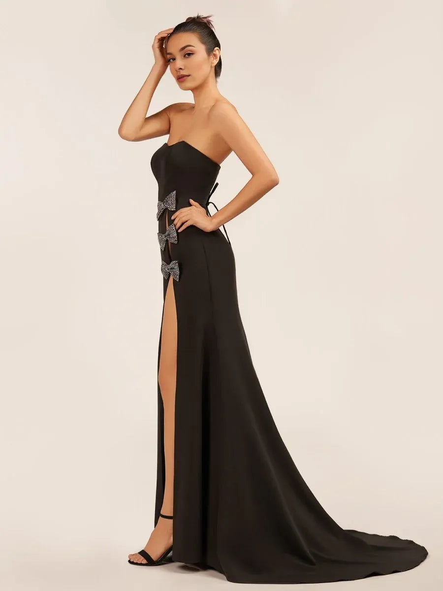 Elegant Mermaid Sweetheart Bow Black Prom Dress With Sweep Train