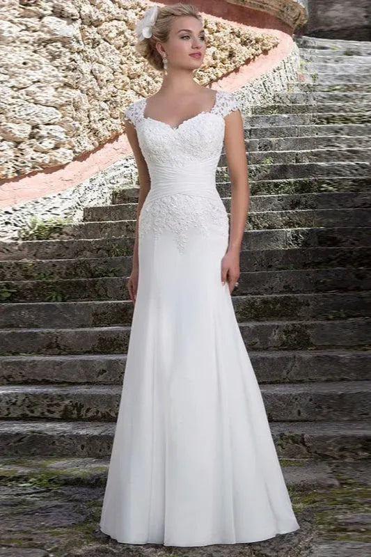 Elegant Mermaid Sweetheart Cap Sleeve Lace Applique White Train Wedding Dress