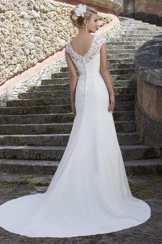 Elegant Mermaid Sweetheart Cap Sleeve Lace Applique White Train Wedding Dress