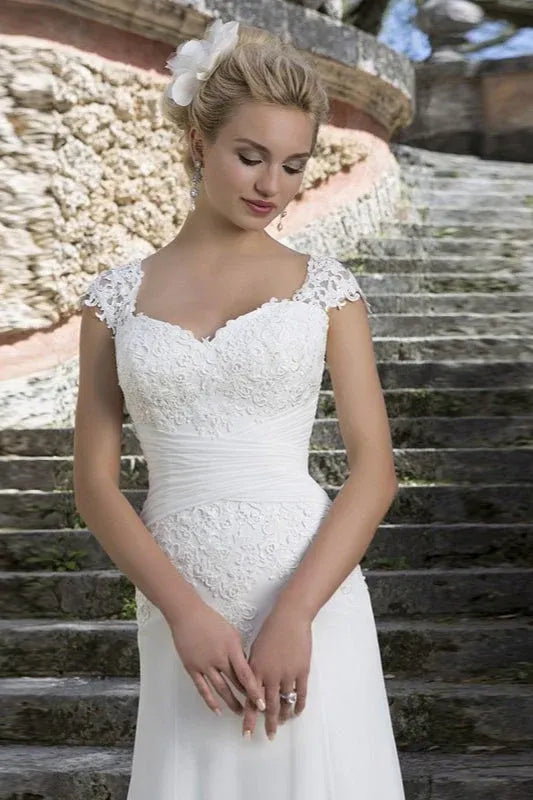 Elegant Mermaid Sweetheart Cap Sleeve Lace Applique White Train Wedding Dress