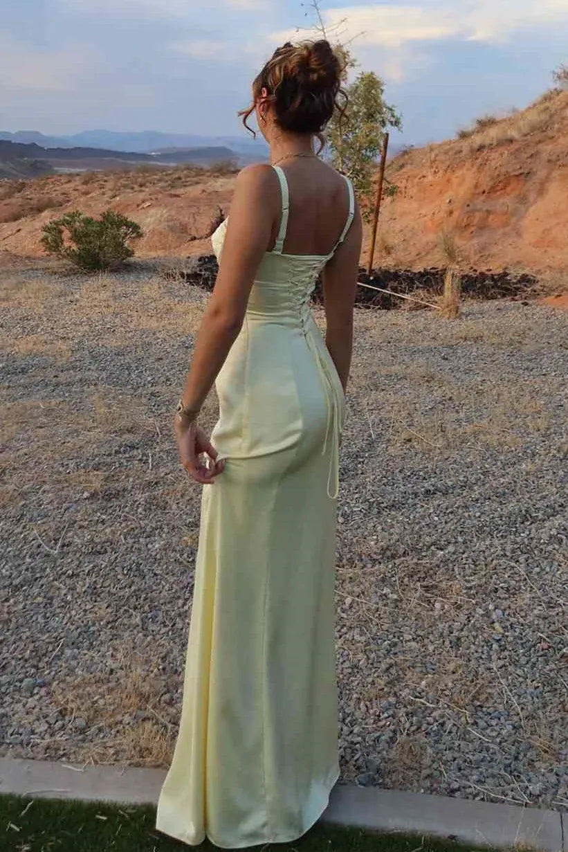 Elegant Mermaid Sweetheart Satin Yellow Floor-Length Prom Dress With Lace-Up Back