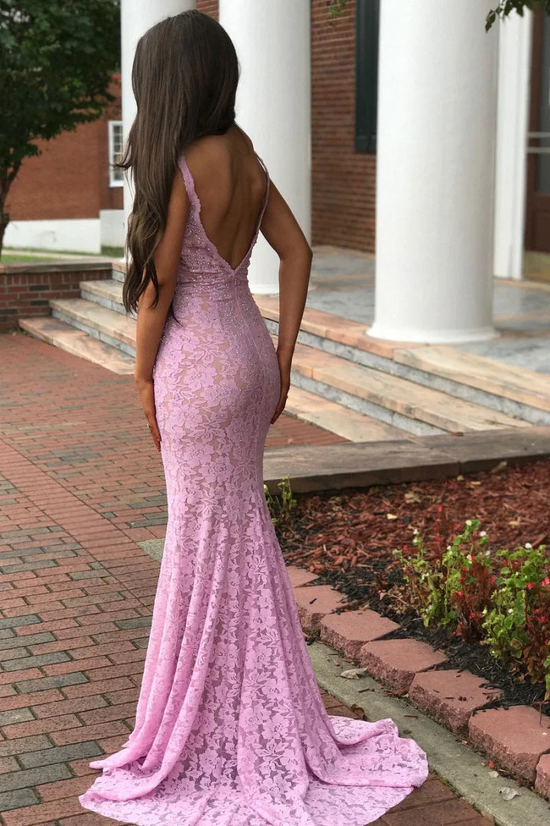 Elegant Mermaid V-Neck Beaded Lace Pink Floor-length Evening Dress