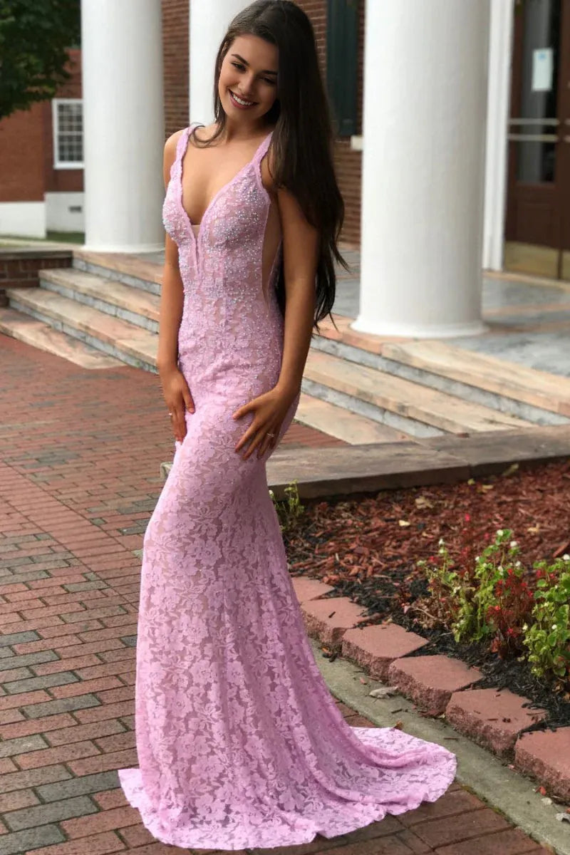 Elegant Mermaid V-Neck Beaded Lace Pink Floor-length Evening Dress