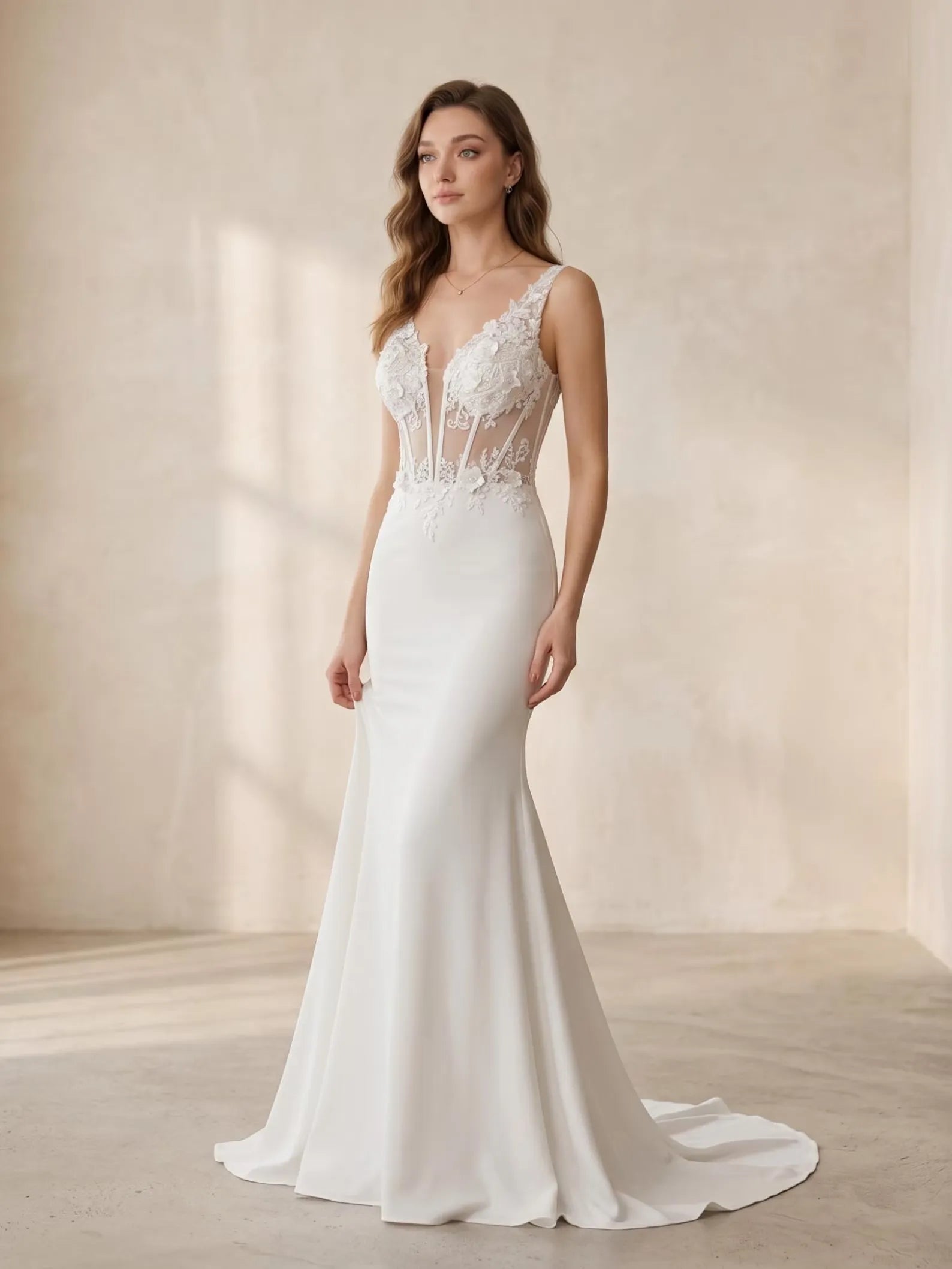 Elegant Mermaid V-Neck Corset Lace Applique Illusion White Floor Length Prom Dress