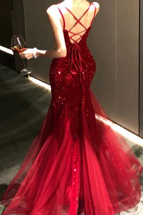 Elegant Mermaid V-Neck Double Spaghetti Strap Sequined Red Prom Dress Hot Sale