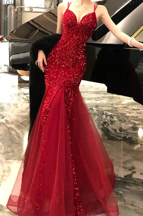 Elegant Mermaid V-Neck Double Spaghetti Strap Sequined Red Prom Dress Hot Sale