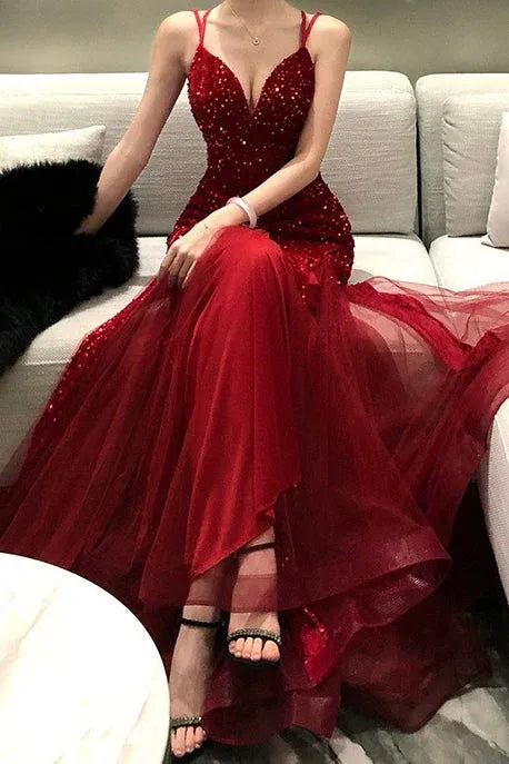 Elegant Mermaid V-Neck Double Spaghetti Strap Sequined Red Prom Dress Hot Sale