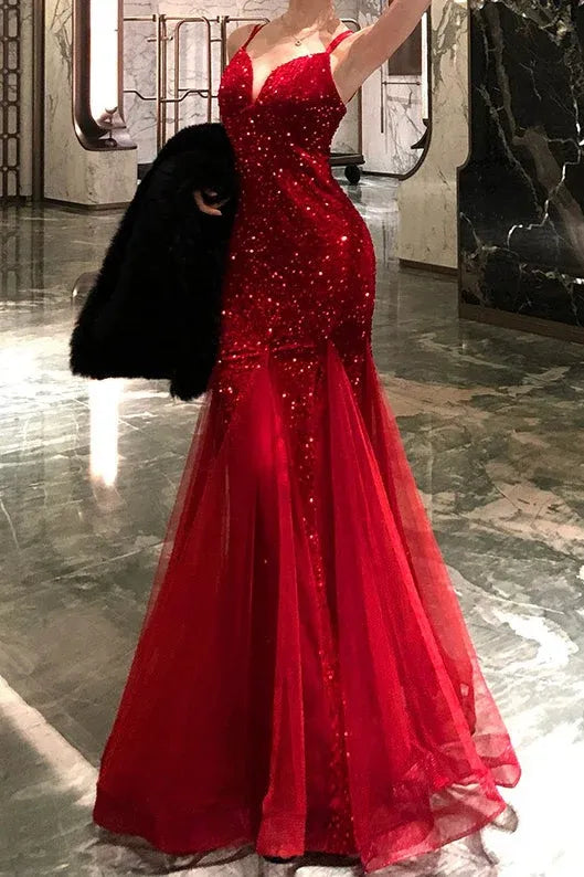 Elegant Mermaid V-Neck Double Spaghetti Strap Sequined Red Prom Dress Hot Sale