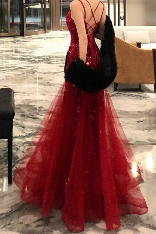 Elegant Mermaid V-Neck Double Spaghetti Strap Sequined Red Prom Dress Hot Sale