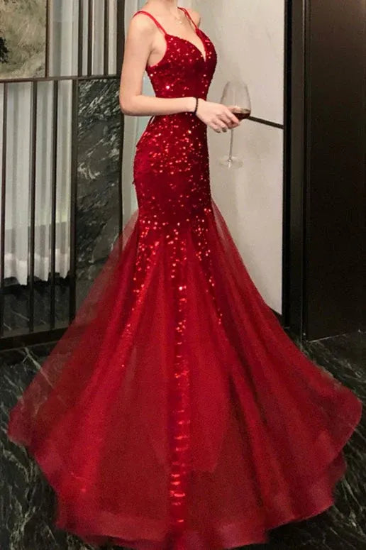 Elegant Mermaid V-Neck Double Spaghetti Strap Sequined Red Prom Dress Hot Sale