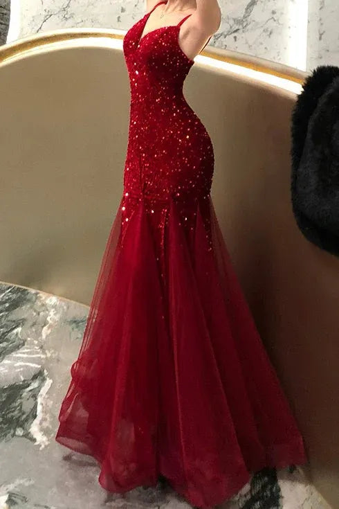 Elegant Mermaid V-Neck Double Spaghetti Strap Sequined Red Prom Dress Hot Sale