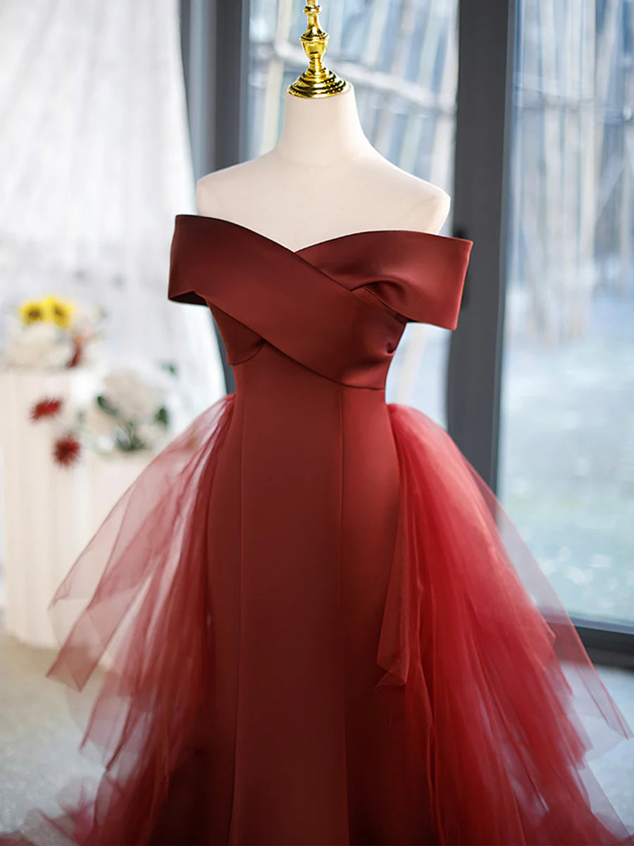 Elegant Mermaid V-Neck Off Shoulder Satin Burgundy Long Prom Dress With Tulle-Cape