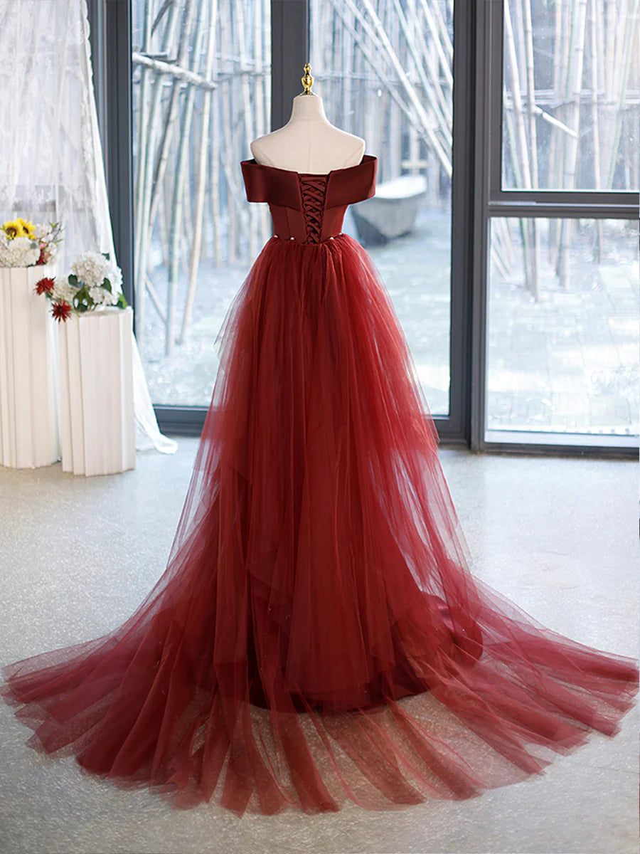 Elegant Mermaid V-Neck Off Shoulder Satin Burgundy Long Prom Dress With Tulle-Cape